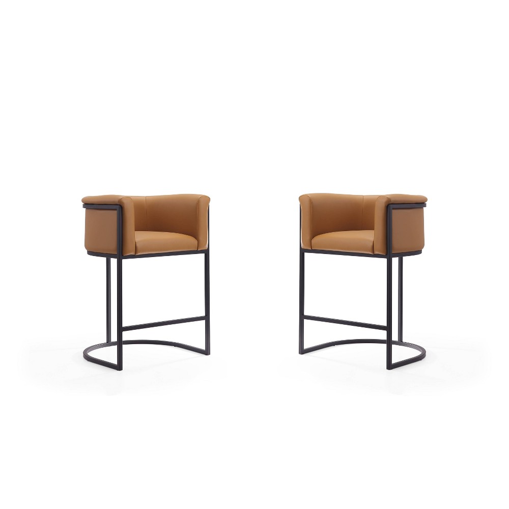 Set of 2 Cosmopolitan Upholstered Metal Counter Height Barstools Camel - Manhattan Comfort: Low Back & Footrest