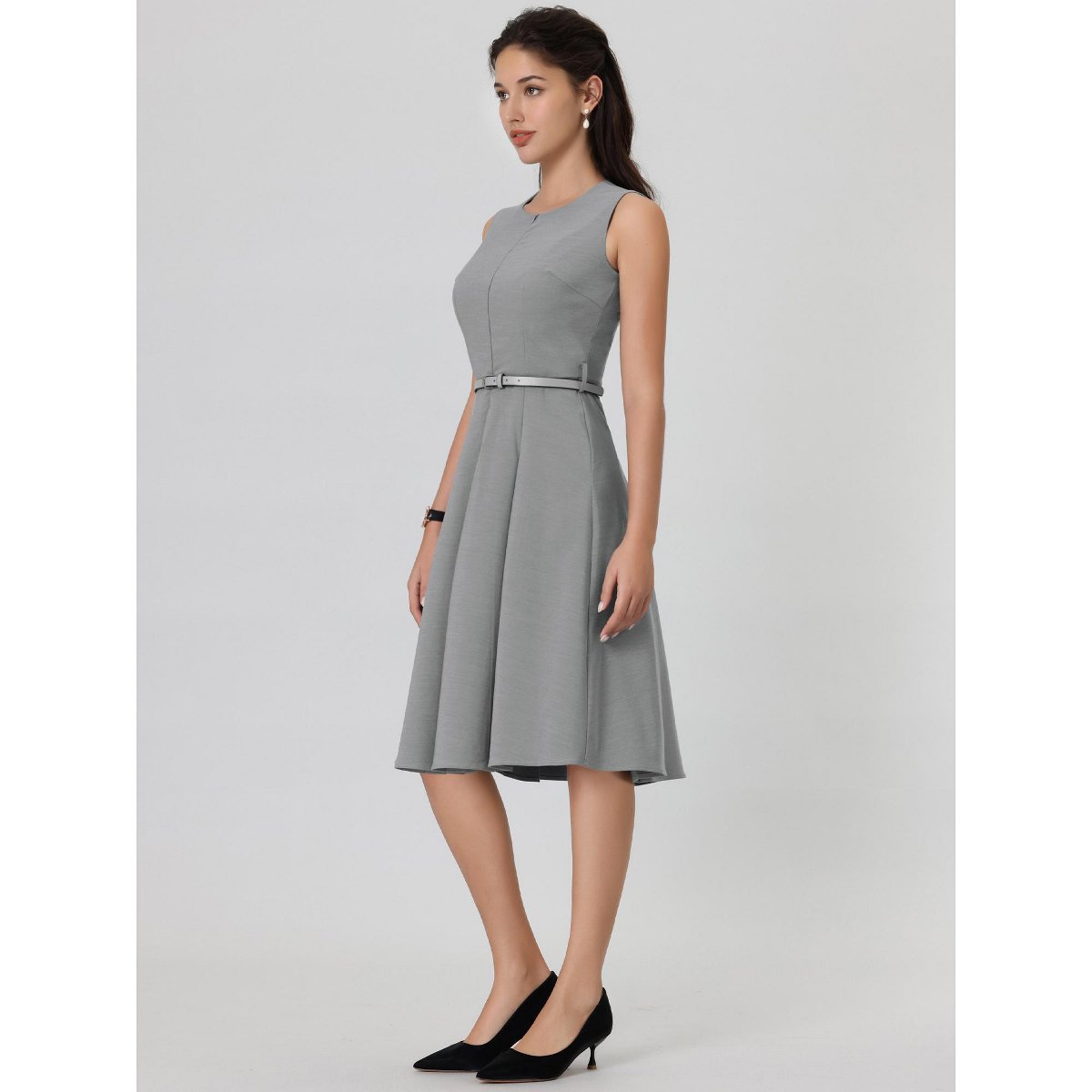 Женские платья INSPIRE CHIC Women's Round Neck Sleeveless Zip Front Belted Fit Flare Work Dresses Gray Medium — фото 3