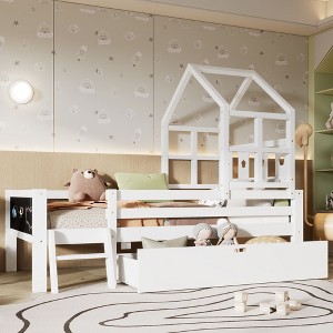 NicBex Twin/Full House Platform Bed Frame with Ladder and Storage Drawers for Kids,Wood Platfrom Bed Frame with 2 Blackboards Design,Easy Assembly - 1 of 4