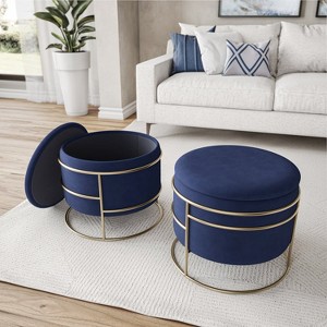 Techni Home Elegant Velvet Round Ottoman with Gold Frame and Storage, Blue - 1 of 4