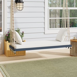 Twin Size Acacia Wood Porch Swing Chair with Cushion & Pillows, 400lbs Capacity, 63" Wide, 6 Ropes - Coolbibila - 1 of 4
