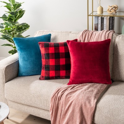 Checkered Red and Black Velvet Euro Pillow Covers, 20x20 Set of 2