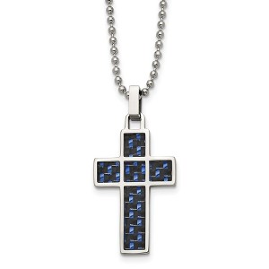 Black Bow Jewelry Stainless Steel, Black & Blue Carbon Fiber Cross Necklace, 20 Inch - 1 of 4