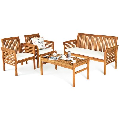Tangkula 4-Piece Patio Acacia Wood Sofa Set Conversation Table Chairs with Beige Cushions