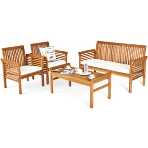 Tangkula 4-Piece Patio Acacia Wood Sofa Set Conversation Table Chairs with Beige Cushions - 1 of 4