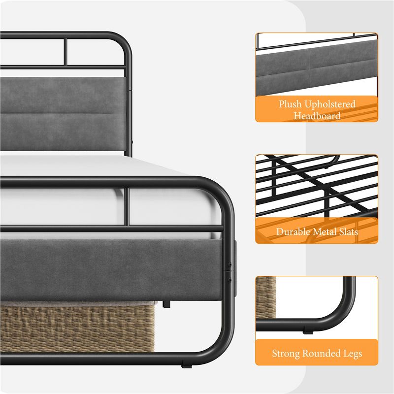 Yaheetech Metal Platform Bed Frame with Velvet Upholstered Headboard, 5 of 8