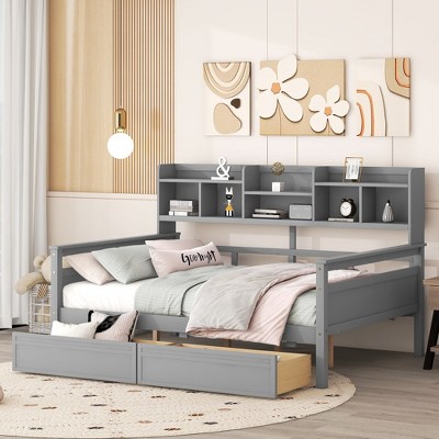 Whisen Twin size Daybed, Wood Slat Support, with Bedside Shelves and Two Drawers