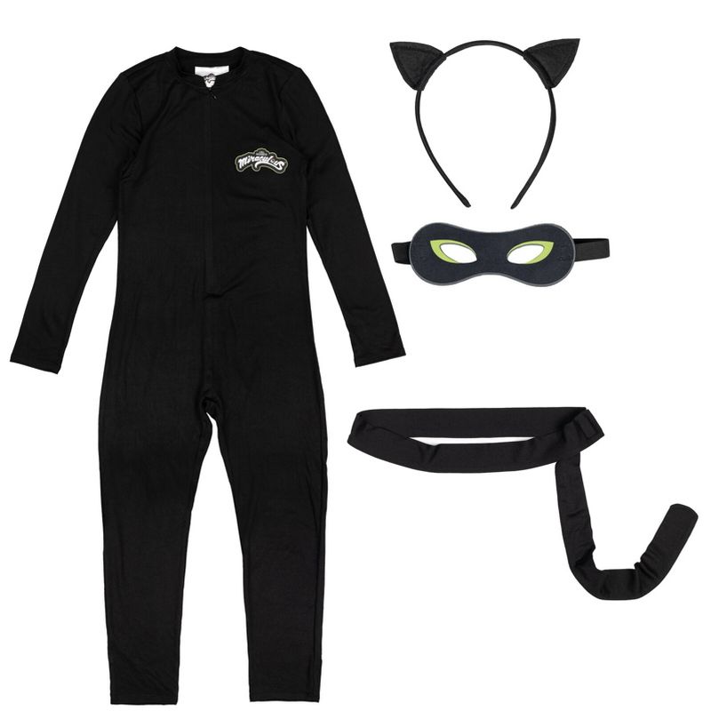 Miraculous Cat Noir Girls Zip Up Cosplay Costume Coverall Tail Mask and Headband 4 Piece Set Toddler to Big Kid, 4 of 9