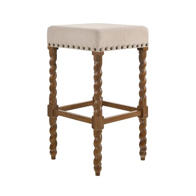 Remick Natural Oak & Linen 30" Rustic Bar Stool with Brass Nailhead Trim