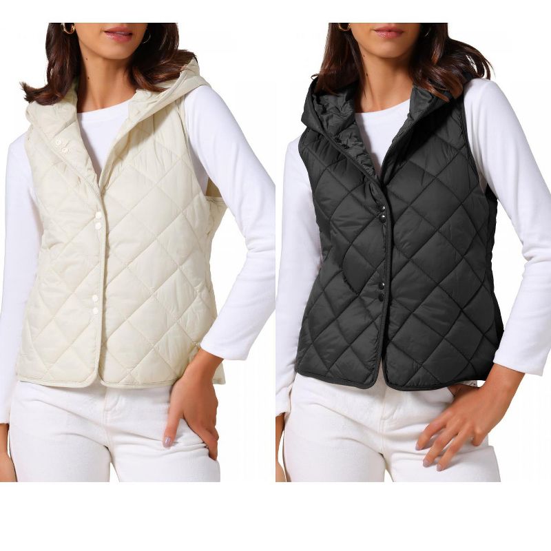 INSPIRE CHIC Women's Lightweight Hooded Sleeveless Button Down Casual Puffer Vest 2 Packs Black/Apricot Small