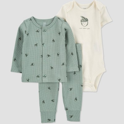 Image of Carter's Just One You® Baby Boys' 3pc Acorn Cardi Top & Bottom Set - White/Green 3 M