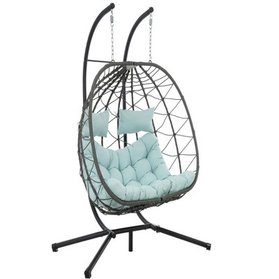 60.2"2 Persons Egg Chair with Stand Indoor Outdoor Swing Chair Patio Wicker Hanging Egg Chair Hanging Basket Chair