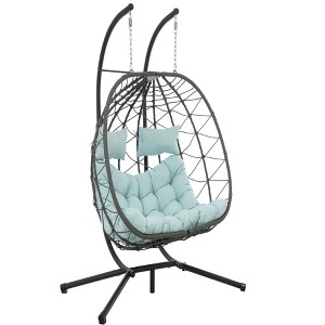 60.2"2 Persons Egg Chair with Stand Indoor Outdoor Swing Chair Patio Wicker Hanging Egg Chair Hanging Basket Chair - 1 of 4