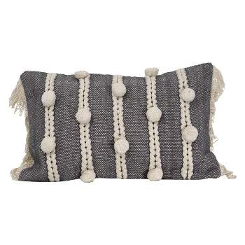 Gray Striped Hand Woven 14x22" Cotton Decorative Throw Pillow with Hand Tied Fringe and Pom Poms - Foreside Home & Garden