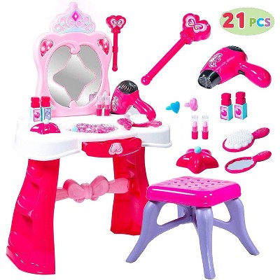 SYNCFUN Toddler Beauty Dresser Table Play Set with Lights, Sounds, Chair, Fashion Makeup Accessories for Kid Pretend Play, Toy for 3 4 5 years Kids