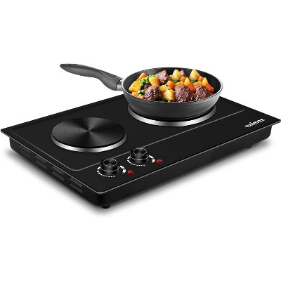 Double Cast Iron Burner 7.4 in. and 6.1 in. Stainless Steel Hot Plate in Black with 7-Gear Temperature Controls, Black-Cast Iron Plate