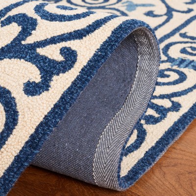 Ivory and Dark Blue Handmade Wool 6' x 9' Area Rug