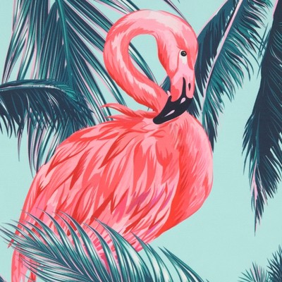 Tropical Flamingo and Palm Tree Polyester Outdoor Pillow, 18" x 18", Blue