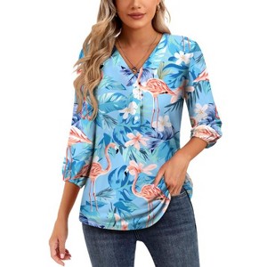 Nlife Women's Casual V Neck Floral Print 3/4 Length Sleeve Blouses Tropical Hawaiian Shirt Tops - 1 of 4