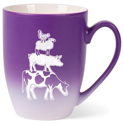 Elanze Designs 12 Ounce Ceramic Decorative Laser Engraved Cow Pig Sheep Chicken Giftable Novelty Tea Coffee Cup Mug Purple and White Stacked Farm