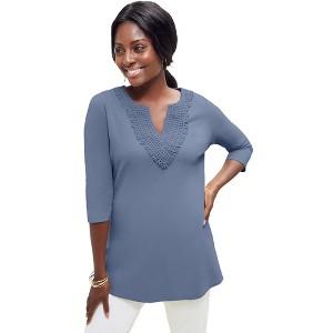 Jessica London Stretch Cotton Crochet Notch Neck Tunic - 1 of 2