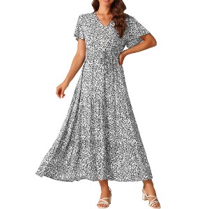 Seta T Women's Summer Casual V Neck Split Hem Short Sleeve Floral Maxi Sundress - 1 of 4
