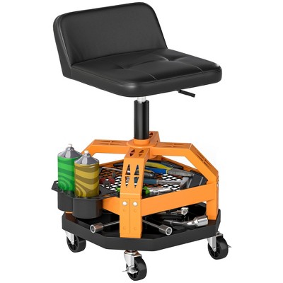 HOMCOM Rolling Mechanic Stool, 300 LBS Capacity Garage Stool with Wheels, Backrest, Tool Tray Storage, Yellow