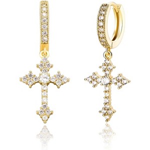 Cross Hoop Dangle Earrings: 14K Gold Plated with 5A+ CZ | Hypoallergenic for Men & Women - 1 of 4