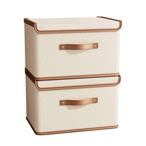 Aoibox Large White Collapsible Closet Storage Bins with Lids 2 Pack Fabric Organizer Box with Handles Leather Trim - 1 of 4