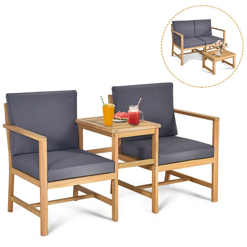 Costway 3 in 1  Patio Table Chairs Set Solid Wood Garden Furniture, 1 of 12