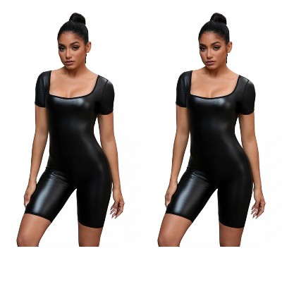 INSPIRE CHIC 2 Pcs Women's Short Sleeve Sweat Bodysuit Slimming Full Body Shaper Workout Leather Leotard Jumpsuits