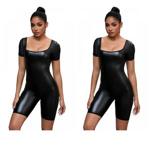 INSPIRE CHIC 2 Pcs Women's Short Sleeve Sweat Bodysuit Slimming Full Body Shaper Workout Leather Leotard Jumpsuits 2 Black X-Large - 1 of 4