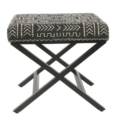 Onyx Black Metal X-Base Ottoman with African Mudcloth Cushion