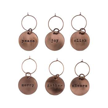 TWINE Brushed Copper Holiday Wine Charms for Glass Identification, Drink and Party Accessories, Zinc Alloy, set of 6