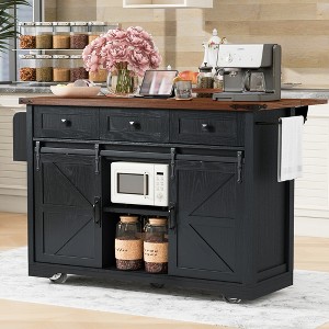 Zeus & Ruta 53.7" Farmhouse Kitchen Island with Power Outlet, 2 Sliding Barn Door Kitchen Storage Island with Drop Leaf - 1 of 4