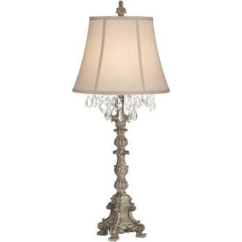 Barnes and Ivy Duval Traditional Table Lamp 34" Tall Distressed Antique White Candlestick Crystal Beige Bell Shade for Bedroom Living Room Nightstand