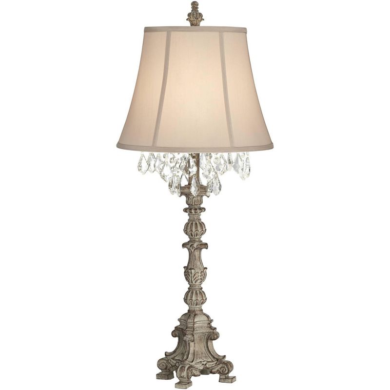 Barnes and Ivy Duval Traditional Table Lamp 34" Tall Distressed Antique White Candlestick Crystal Beige Fabric Bell Shade for Bedroom Living Room Home, 1 of 10