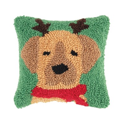 C&F Home 8" x 8" Christmas Golden Brown Puppy Dog with Reindeer Antlers on Green Background Small Petite Accent Hooked Throw Pillow