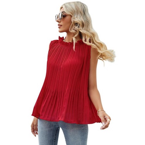 Sleeveless Tops For Women Pleated Tunic Tops Chiifon Blouse With Frill Mock Neck Flowy Dressy Casual Tank Tops one Size Fits All Red f Target