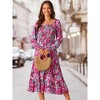 Seta T Women's Floral Long Sleeve Square Neck Smocked Ruffle Hem Flowy Midi Dress with Pockets - 3 of 4