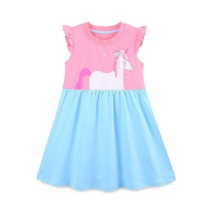 MyKids-USA Summer Hot Selling Cute Unicorn Cartoon Pattern Fly Sleeves Color Patchwork Dress for Stylish Girls - 1 of 4