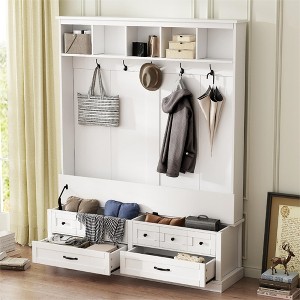 TIRAMISUBEST Elegant Wide Hall Tree with 5 Hooks, Versatile Entryway Lift Top Storage Bench with 2 Drawers, Retro 3-in-1 Coat Rack with Black Handles - 1 of 4