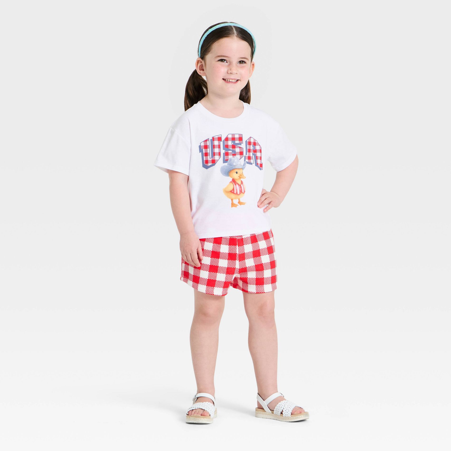 Toddler Girls' Mad Engine 2pc Americana Duck Gingham T-Shirt & Shorts Set - White/Red