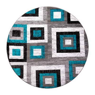 Emma + Oliver 5x5 Round Accent Rug with Modern 3D Sculpted Swirl Pattern  and Varied Texture Piling in Turquoise, Black, White & Gray 