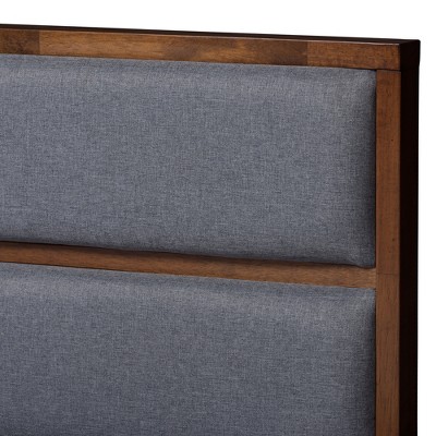 Walnut and Gray Upholstered Queen Storage Platform Bed with Drawers