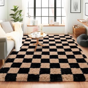 5x7 Feet Checkered Area Rugs For Living Room, Black Modern Super Soft Fluffy Rugs for Bedroom Home Aesthetic Decor - 1 of 4