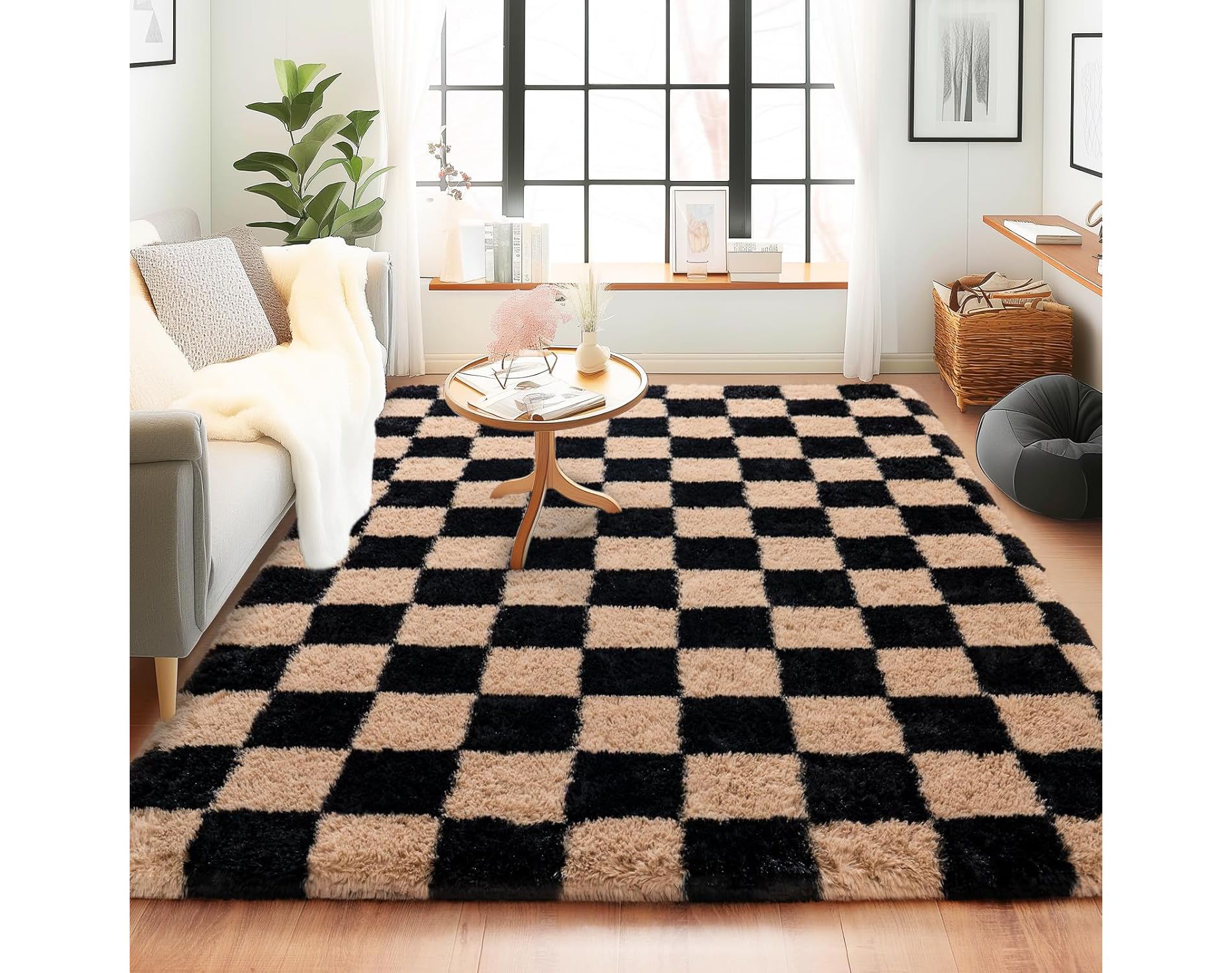 5x7 Feet Checkered Area Rugs For Living Room, Black Modern Super Soft Fluffy Rugs for Bedroom Home Aesthetic Decor