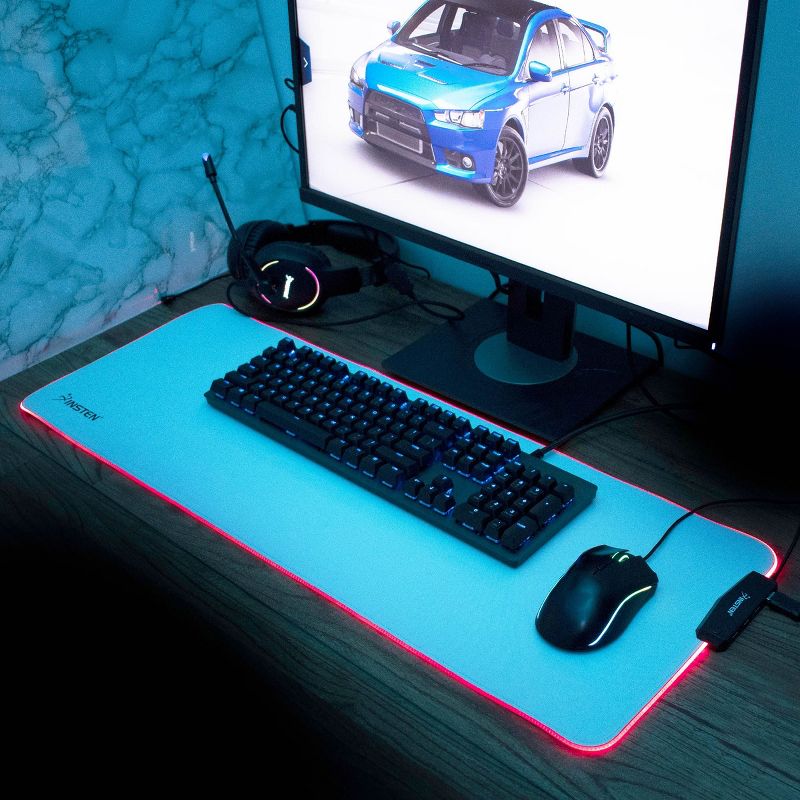 Insten - RGB Mouse Pad Gaming XXL Extended, LED Soft Cloth with 4 USB Hub Mat, Ergonomic Anti-Slip Rubber Base, White 31.5 x 12 x 0.16 in, 4 of 9