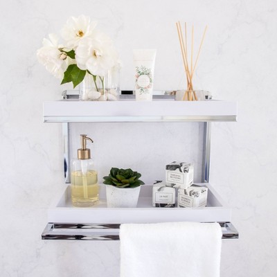 White Steel and Plastic Floating Wall Shelf with Towel Rack