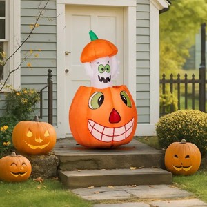 2.8FT Halloween Inflatable Ghost Popping Out of Pumpkin Built-in LED Lights Animated Blow Up Decoration Waterproof Polyester for Outdoor Yard Lawn - 1 of 4